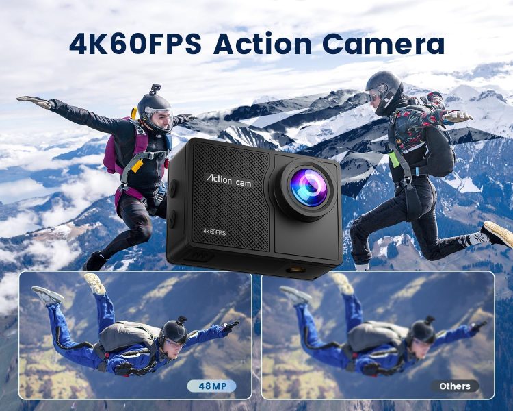 4K 60FPS Action Camera with 64GB Card-48MP Waterproof Camera,40M Underwater Camera,8X Zoom,EIS Stabilization,WiFi,Remote Control,MotorcycleCamera with 2 Rechargeable Batteries - Image 2