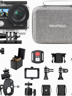 AKASO Brave 4 Action Camera with Waterproof Floating Hand Grip and Carry Bag Bundle - 4K30 20MP Ultra Hd EIS 131ft Underwater Camera 5xZoom Dual Screen with Helmet and Bicycle Accessories Kit