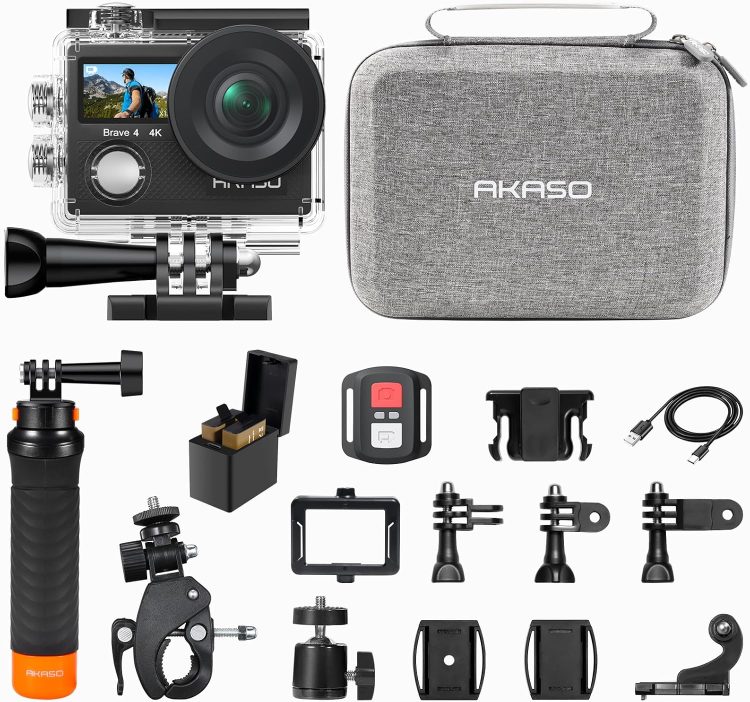 AKASO Brave 4 Action Camera with Waterproof Floating Hand Grip and Carry Bag Bundle - 4K30 20MP Ultra Hd EIS 131ft Underwater Camera 5xZoom Dual Screen with Helmet and Bicycle Accessories Kit