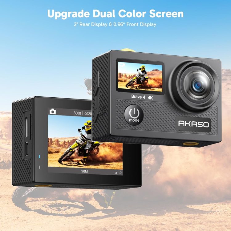 AKASO Brave 4 Action Camera with Waterproof Floating Hand Grip and Carry Bag Bundle - 4K30 20MP Ultra Hd EIS 131ft Underwater Camera 5xZoom Dual Screen with Helmet and Bicycle Accessories Kit - Image 2