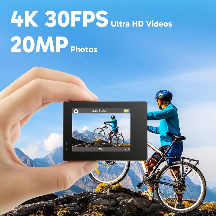 AKASO Brave 4 Action Camera with Waterproof Floating Hand Grip and Carry Bag Bundle - 4K30 20MP Ultra Hd EIS 131ft Underwater Camera 5xZoom Dual Screen with Helmet and Bicycle Accessories Kit - Image 3
