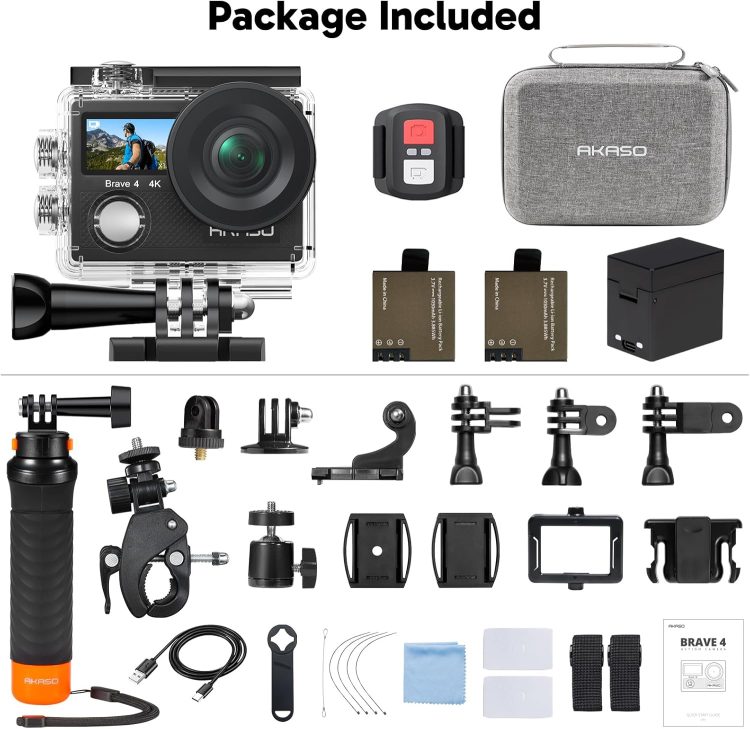 AKASO Brave 4 Action Camera with Waterproof Floating Hand Grip and Carry Bag Bundle - 4K30 20MP Ultra Hd EIS 131ft Underwater Camera 5xZoom Dual Screen with Helmet and Bicycle Accessories Kit - Image 9