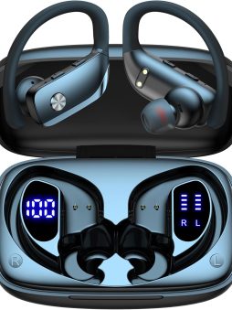 bmani Wireless Earbuds Bluetooth Headphones 48hrs Play Back Sport Earphones with LED Display Over-Ear Buds with Earhooks Built-in Mic Headset for Workout Black