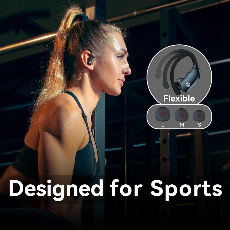 bmani Wireless Earbuds Bluetooth Headphones 48hrs Play Back Sport Earphones with LED Display Over-Ear Buds with Earhooks Built-in Mic Headset for Workout Black - Image 6