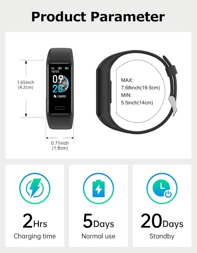 Fitness Tracker, Fitness Watches for Women Men Pedometer Watch with 24/7 Heart Rate Monitor Sleep Tracker Step/Calorie Counter Stopwatch IP68 Waterproof Activity Trackers (Dark Black) - Image 7